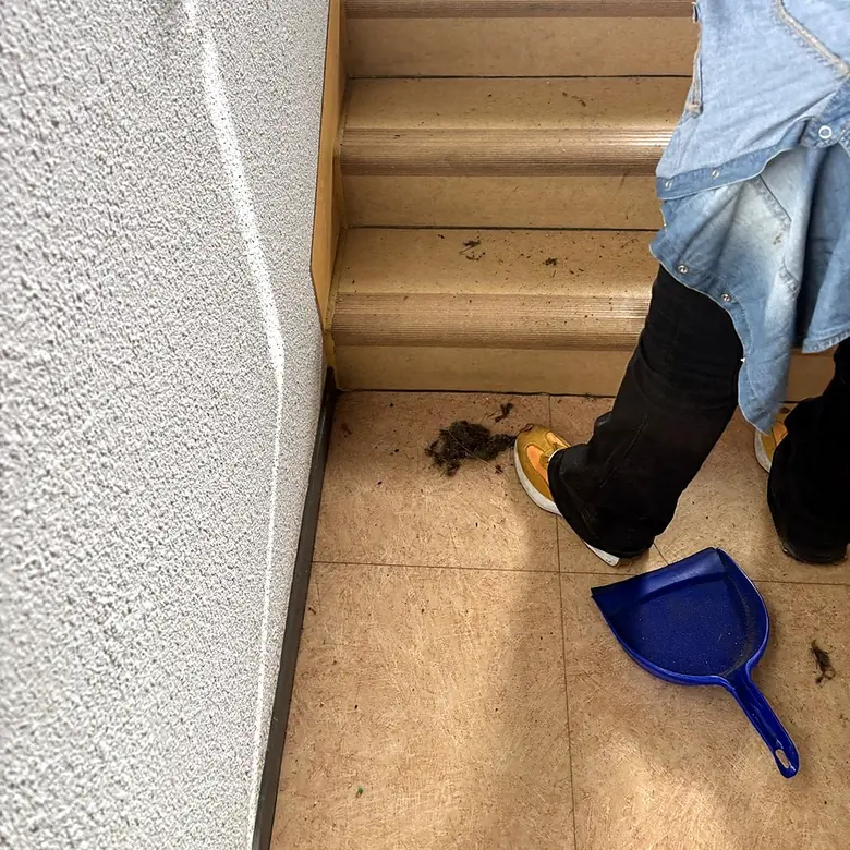 Balayage d'un palier au pied de l'escalier