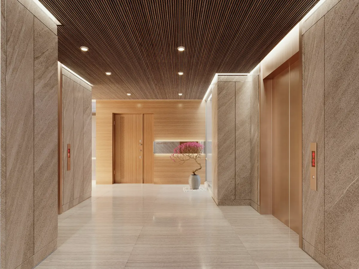 Hall d'entrée d'immeuble avec ascenseurs